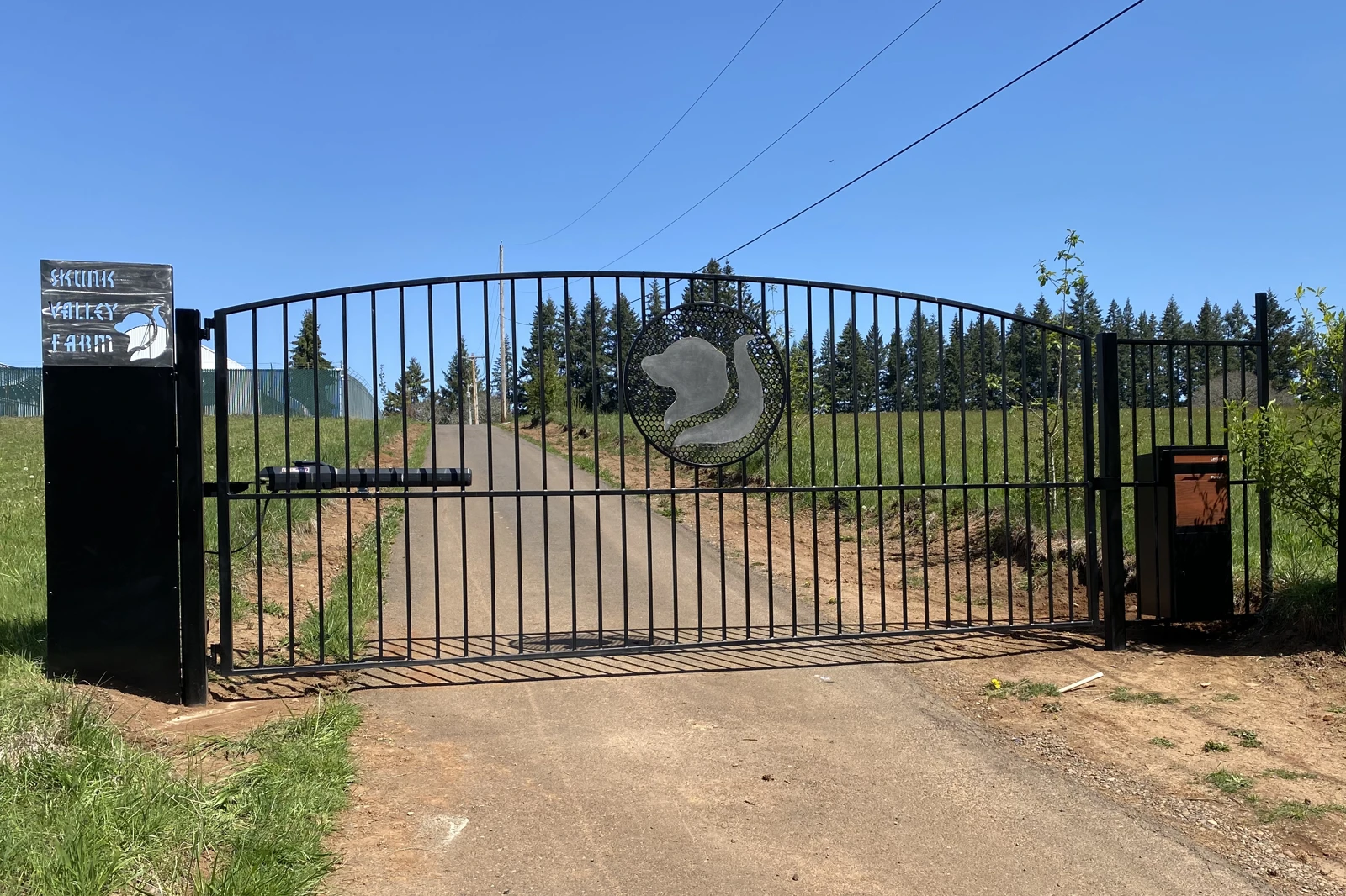 Black arched metal driveway gate with central skunk logo | Chip and Dale's Iron Works